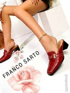 Franco Sarto🍉Red Leather Slip-On Square Toe Mule Loafers|Block Heel